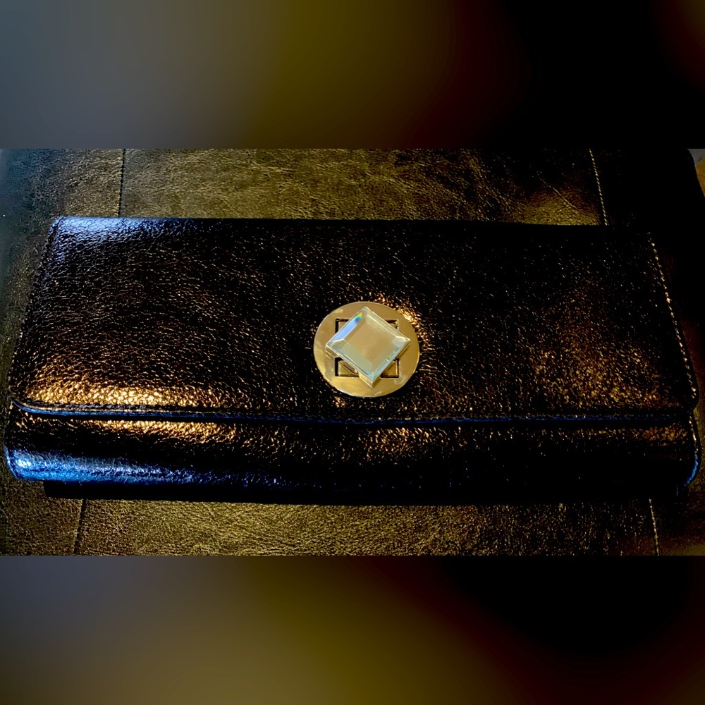 Jessica McClintock Black Handbag w/gem closure and gold chain
